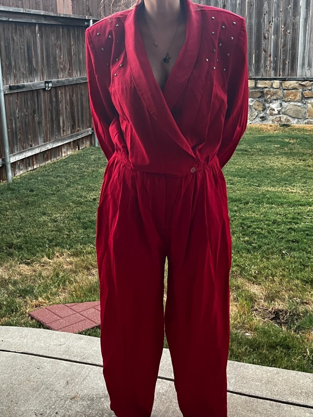 Vintage 80s Red Studded Jumpsuit Womens Power Suit Shoulder Pads Glam Retro